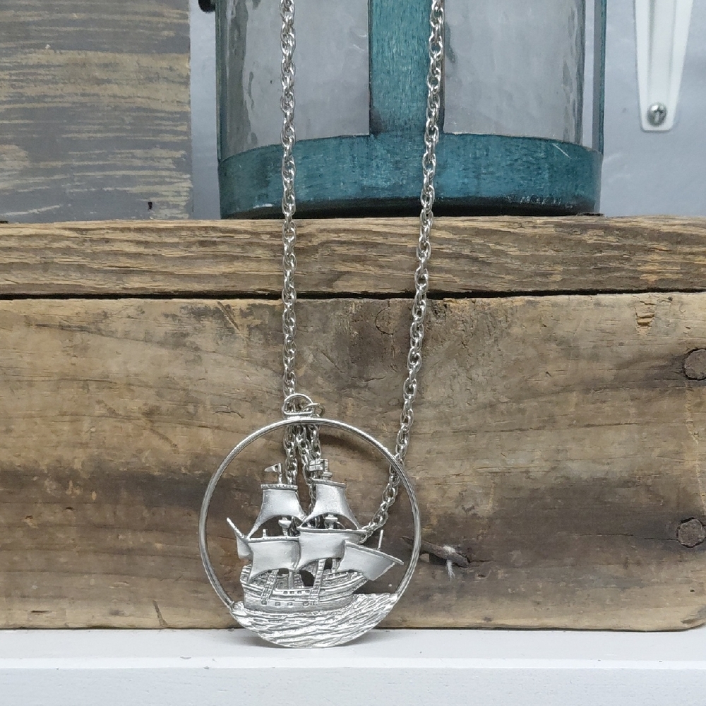 Vintage Pewter Sailing Ship Necklace